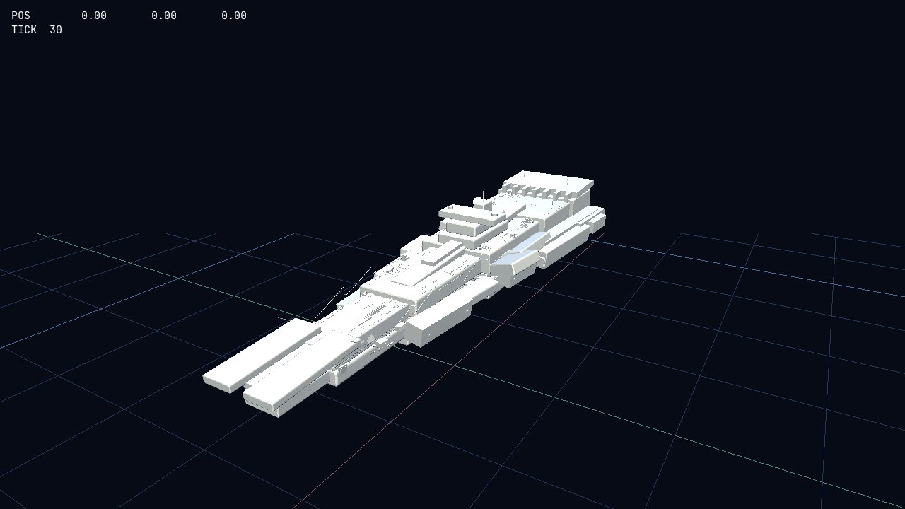 A reference grid laid across world space, ship sitting in front of it.