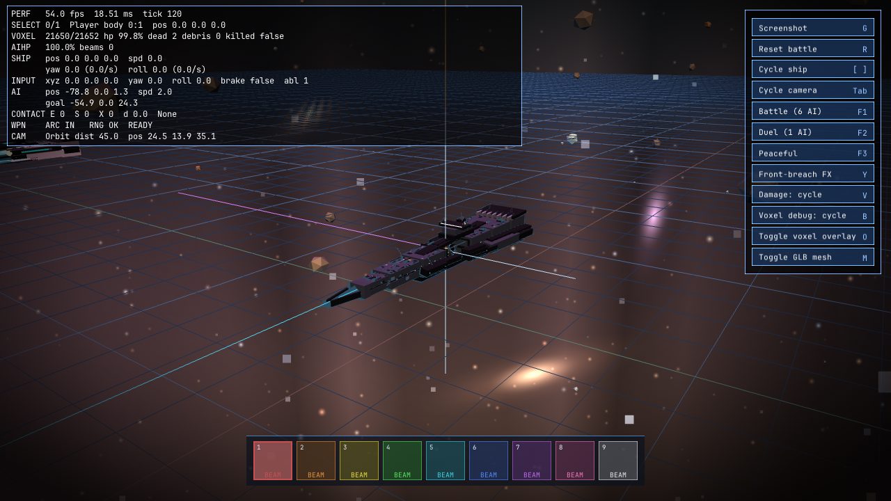 Broadside duel scenario — two ships positioned 60 units apart along the X axis, beam exchange in progress