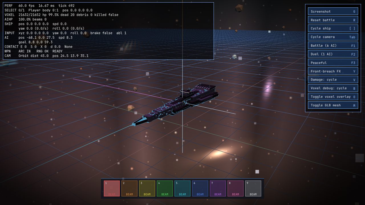 Lighting sweep at intensity=3.0 — dimmer hull, less warm-key contribution