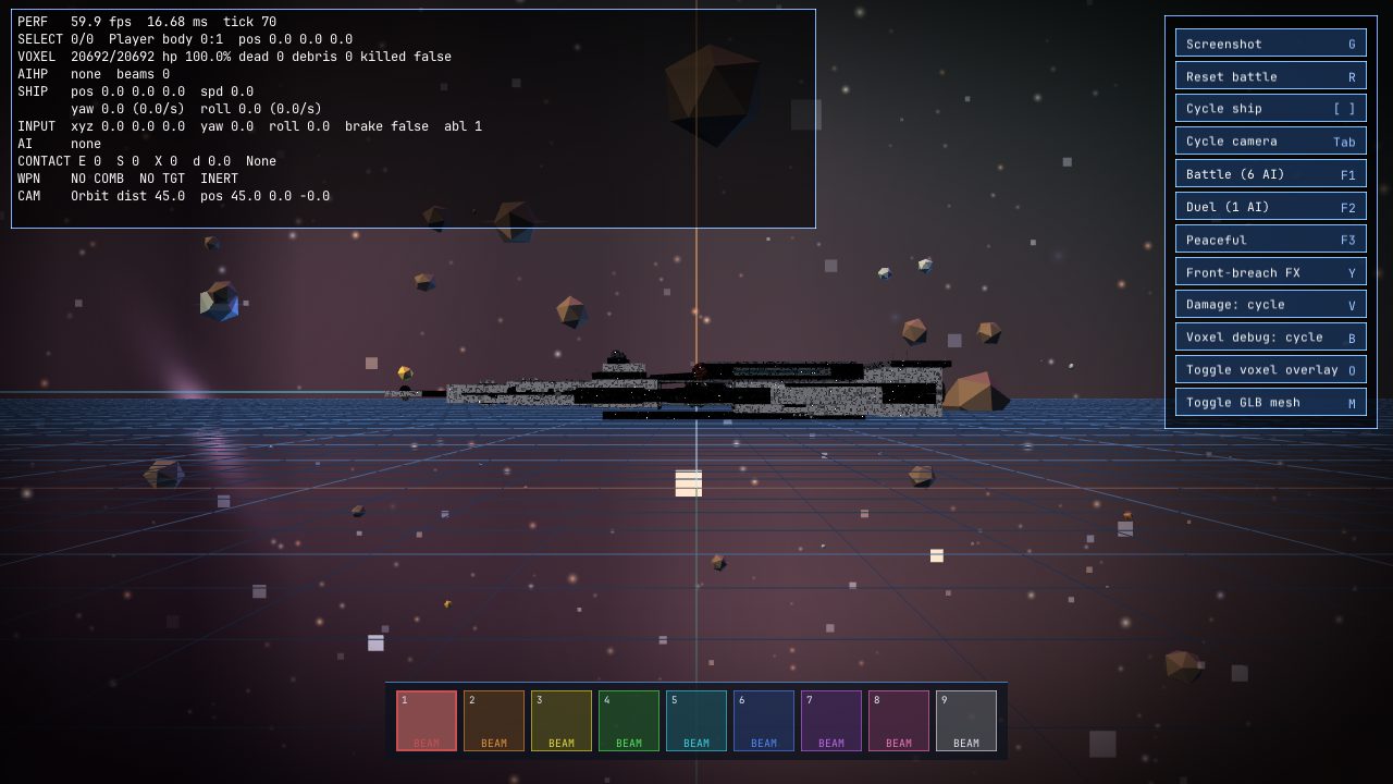 The same ship and angle, now in-game after the specular and panel-density pass.