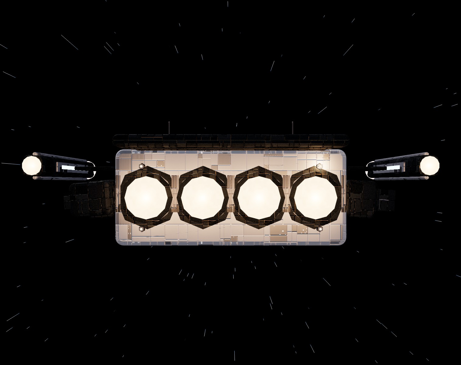 The reference preview rendering the same rear angle correctly — solid hull behind the engines.