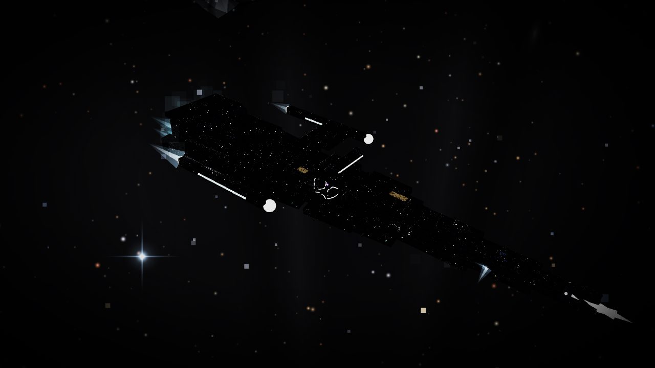 Mid-turn from above: cold-gas pulses bloom at the bow and stern as the ship commits to a heading.