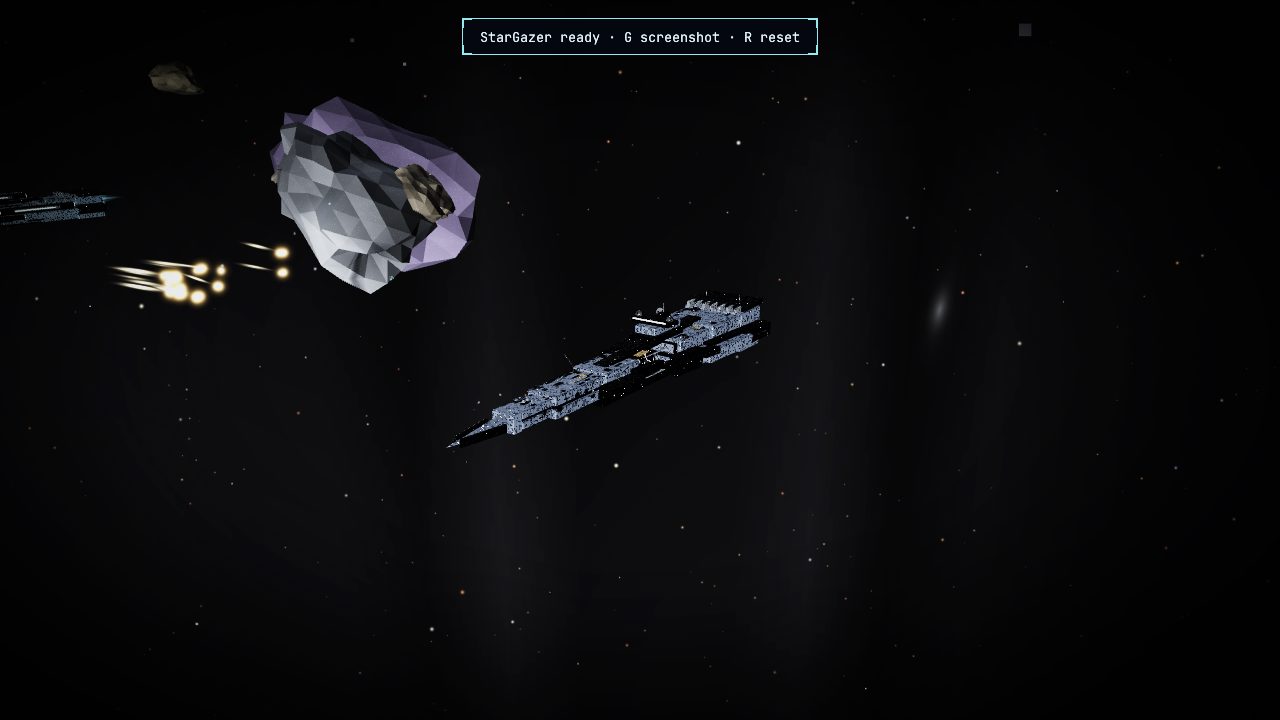 A wide shot holding ship, asteroid, a distant planet, and the sun spilling its glow across all of it at once.