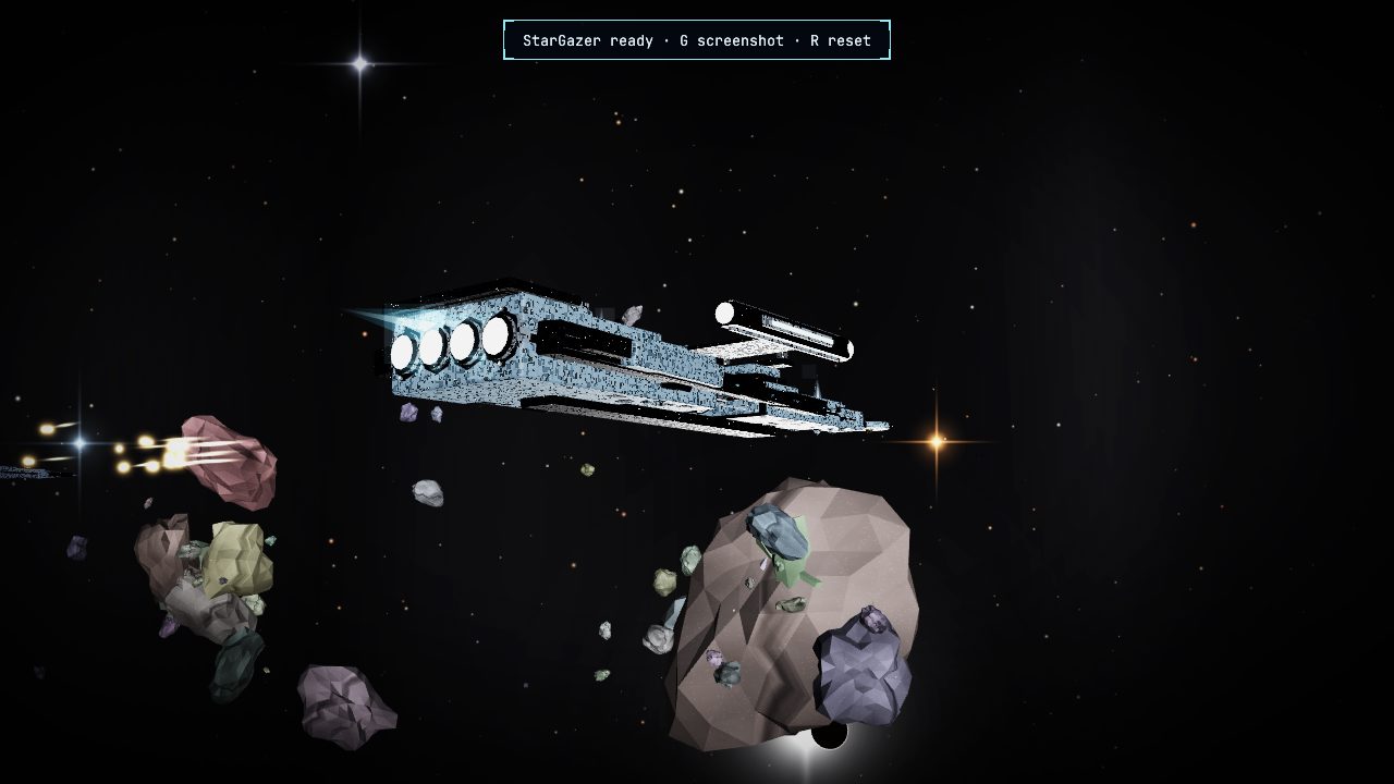 A different ship seen low and broadside, top-lit by the same sun that warms the rock beside it, gold fire streaking past.