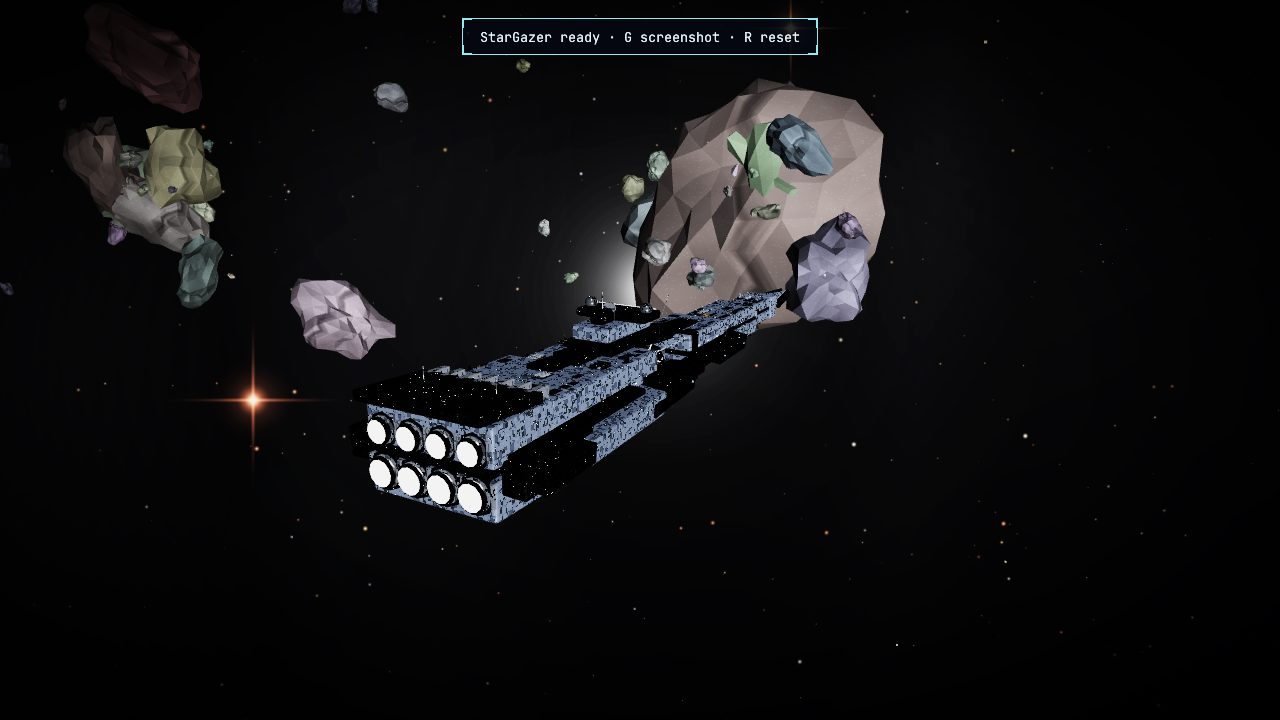 A capital hull caught crisp on its lit side, eight engine bells burning, the sun flaring out from behind a lit asteroid.