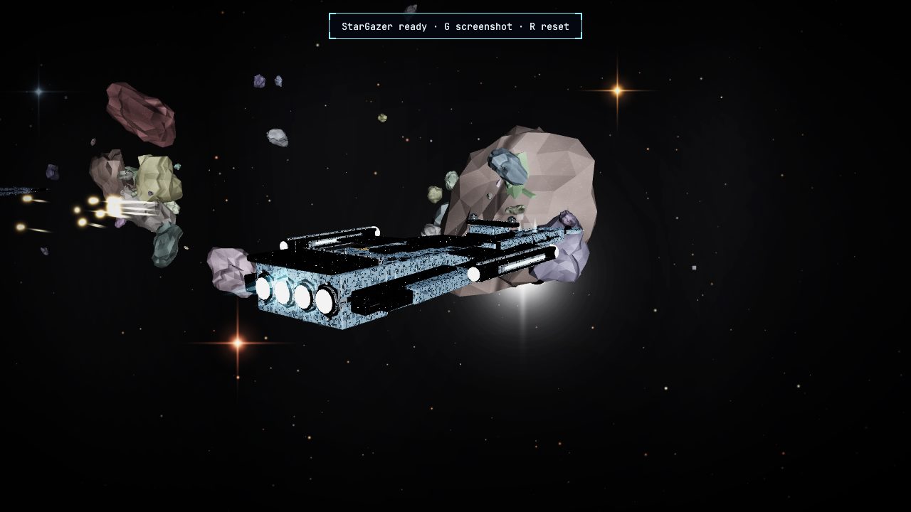 A third hull turning its flank to the light, tracers pouring in from off-frame, a sun-flare cresting an asteroid behind it.