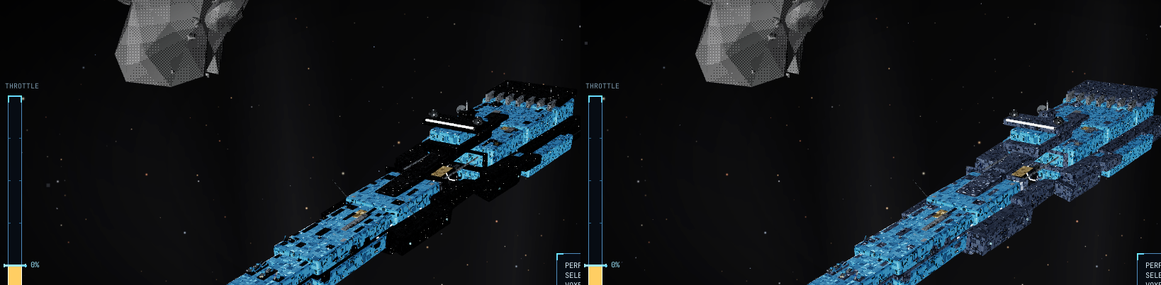 Left: a vivid hull fighting its own near-black structural bits, half-swallowed by its own shadow. Right: the same fleet after every dark corner was lifted back into the light, finally whole.