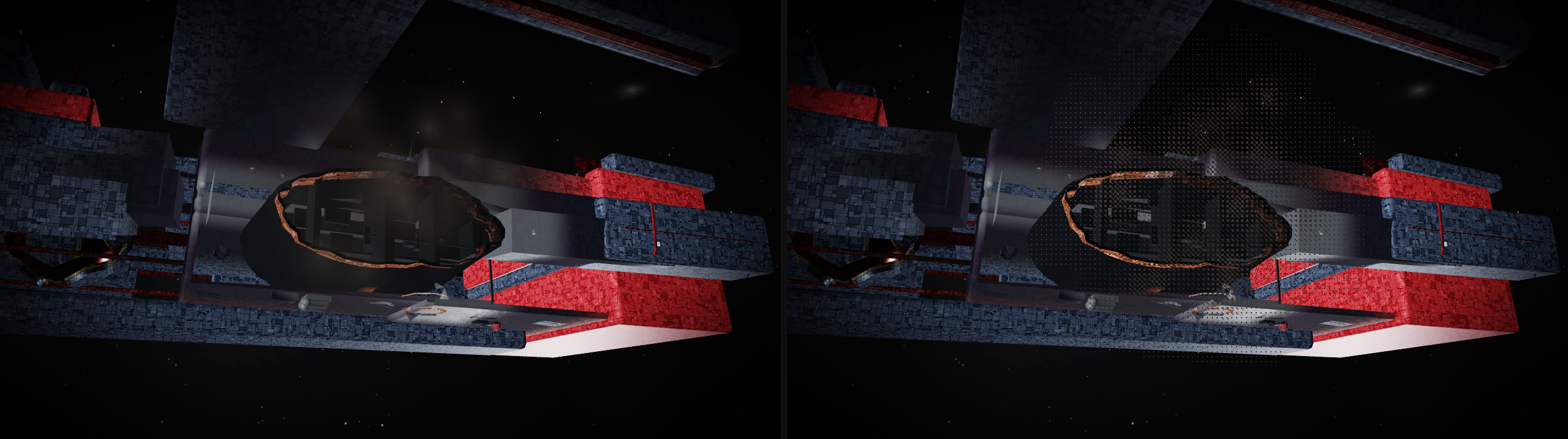 Side by side: on the left, smoke pushed so heavy it becomes a dark column hiding the breach; on the right, a lighter see-through haze where the hull reads clearly through the soot.