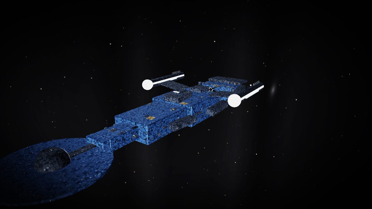 The cruiser at three-quarter bow, the circular saucer dominating the frame, twin engines swept wide with their forward domes burning white, deep space giving it room to breathe.