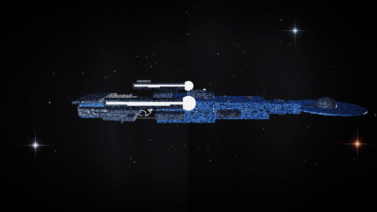 The pure side silhouette: saucer, slim body, two swept engines, bright stars behind.