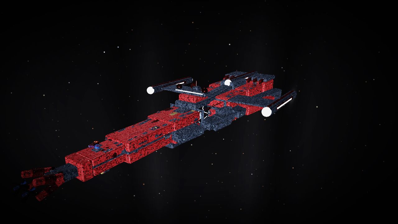 The red dreadnought in full crimson, gunmetal accents running along its clawed prow, the whole massive hull reading as one solid object against the dark.