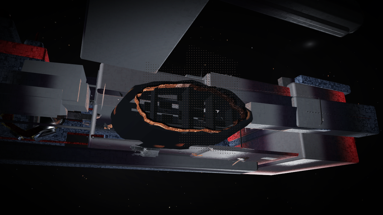 A dark hull with a dim, orange-rimmed cavity painted into its side, no real depth behind the opening.