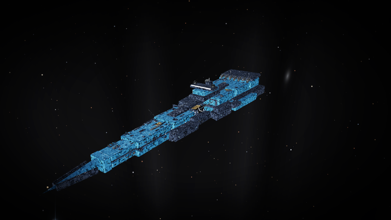 A smooth blue capital ship against deep space, elegant and curved, with no visible interior structure.