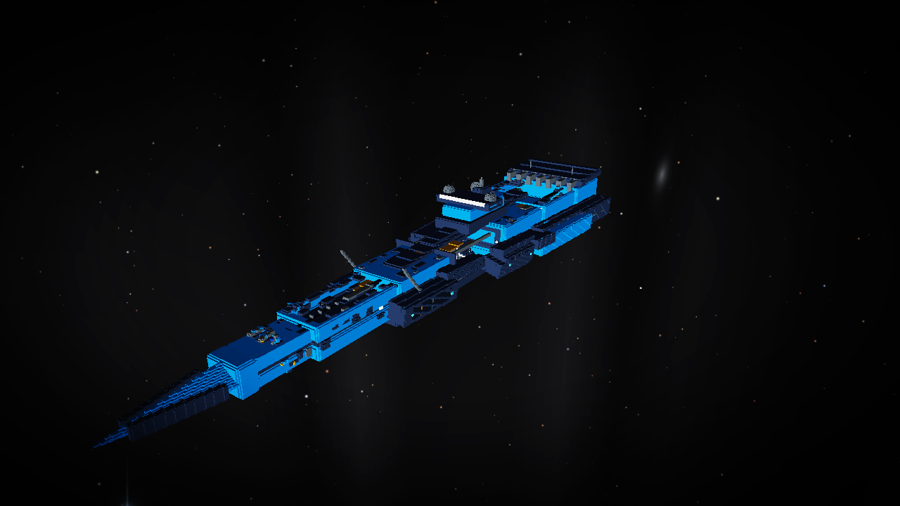The same ship rebuilt from blocks, but flat and featureless, just big plain slabs of blue with hard edges.