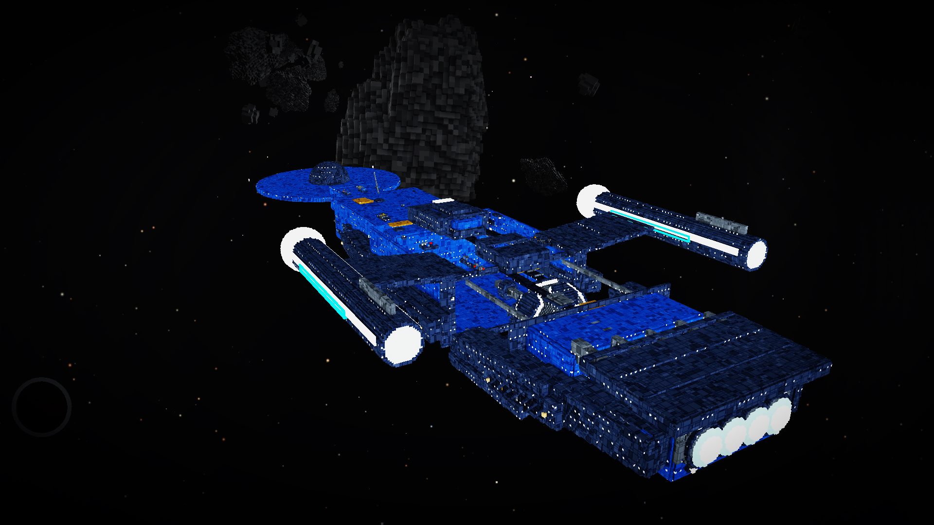 A sleek blue voxel cruiser with glowing engine pods and rows of lit windows, drifting past blocky dark asteroids.