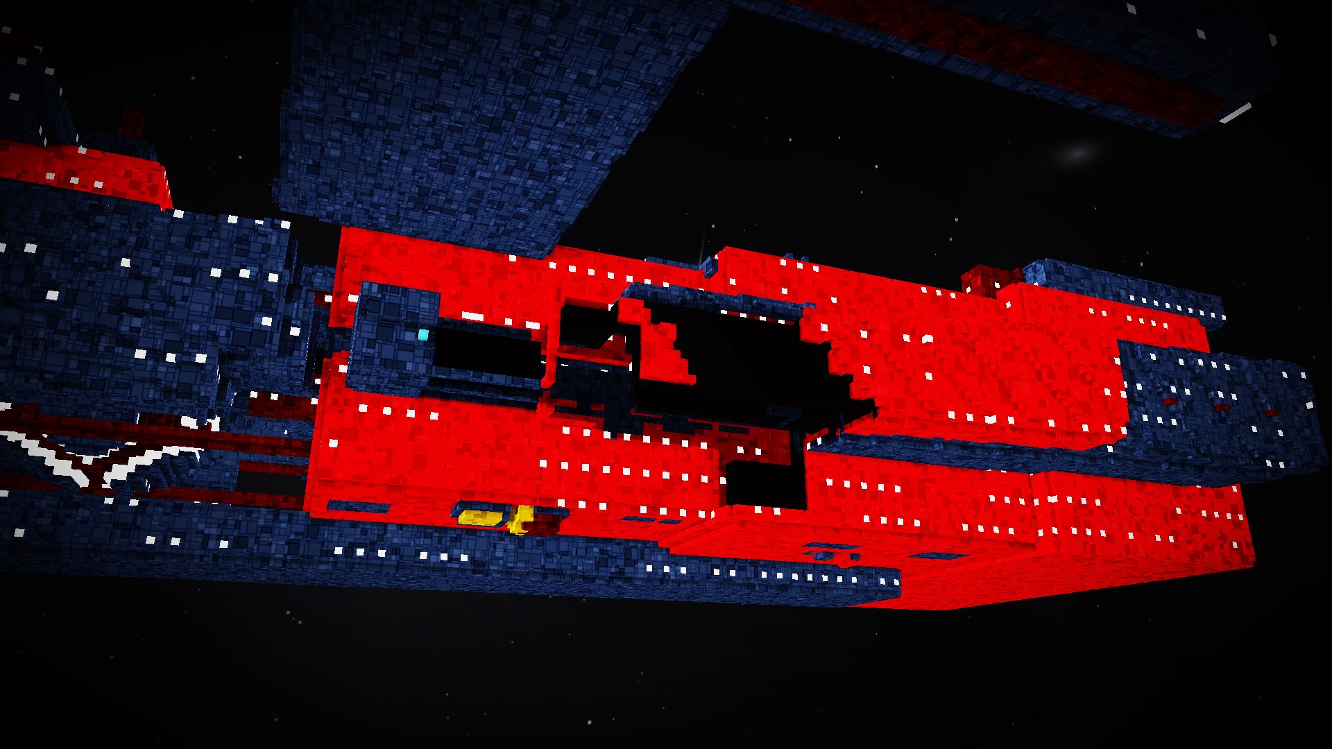 A red and blue voxel capital ship with a huge ragged hole blown clean through its hull, stars visible through the gap and interior structure exposed around the rim.