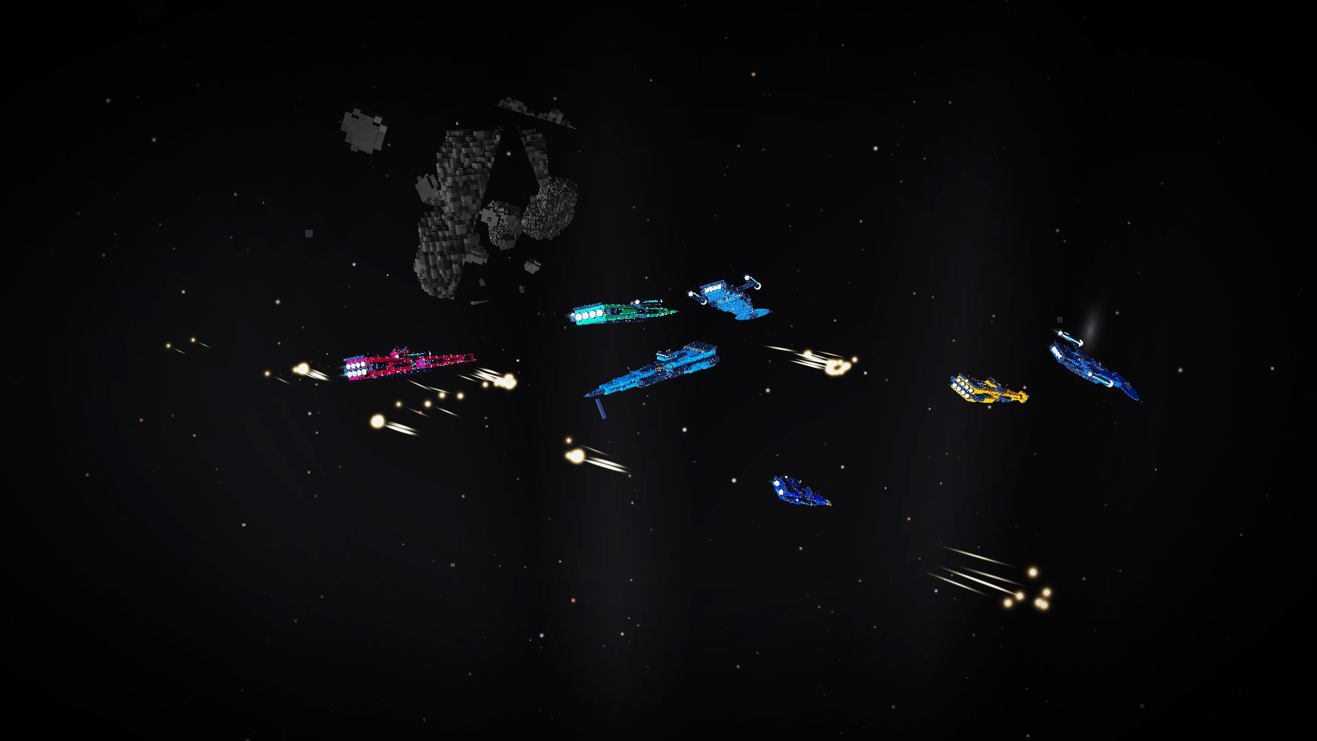 A mixed fleet of capital ships in different colors trading fire across the dark, with blocky asteroids drifting nearby.