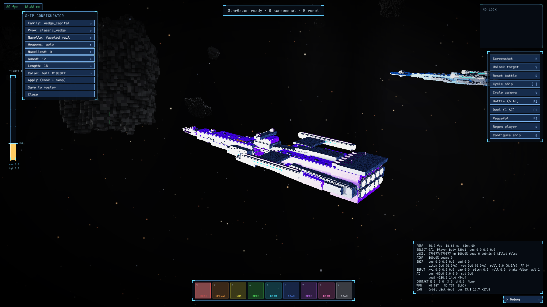 The customization panel open over the player's ship, with rows for hull family, prow, engines, weapons, counts, length, and color, then buttons to apply, save, load, copy a share code, or close.