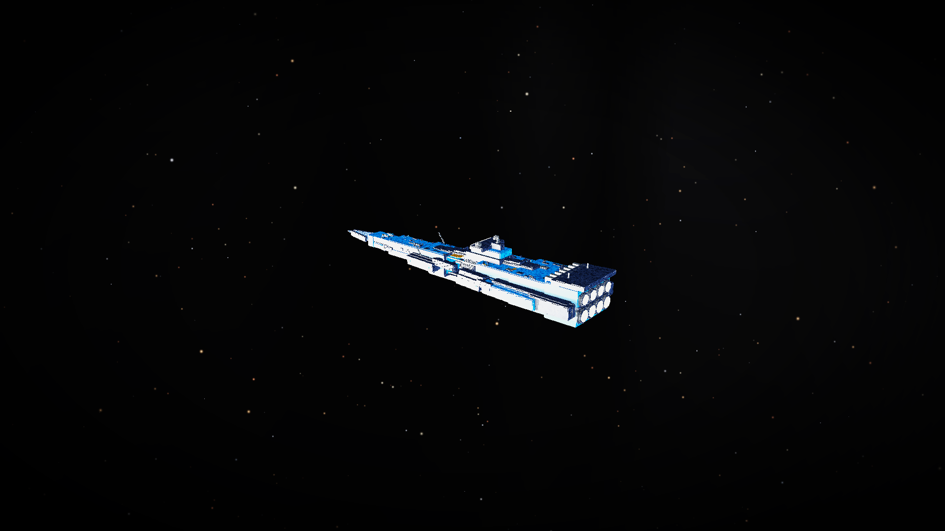 The same hull painted cyan, alone against deep space.