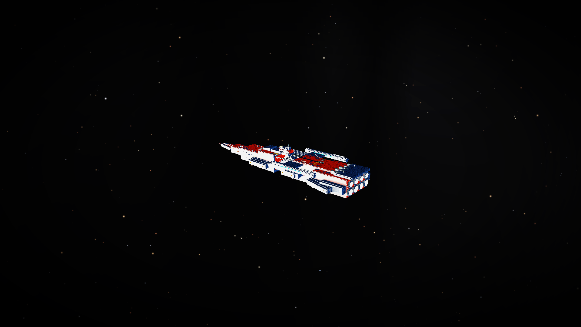 A configured capital ship alone in the dark: a long carrier spine, dark-orange and white war paint, twin engine tubes glowing from within.