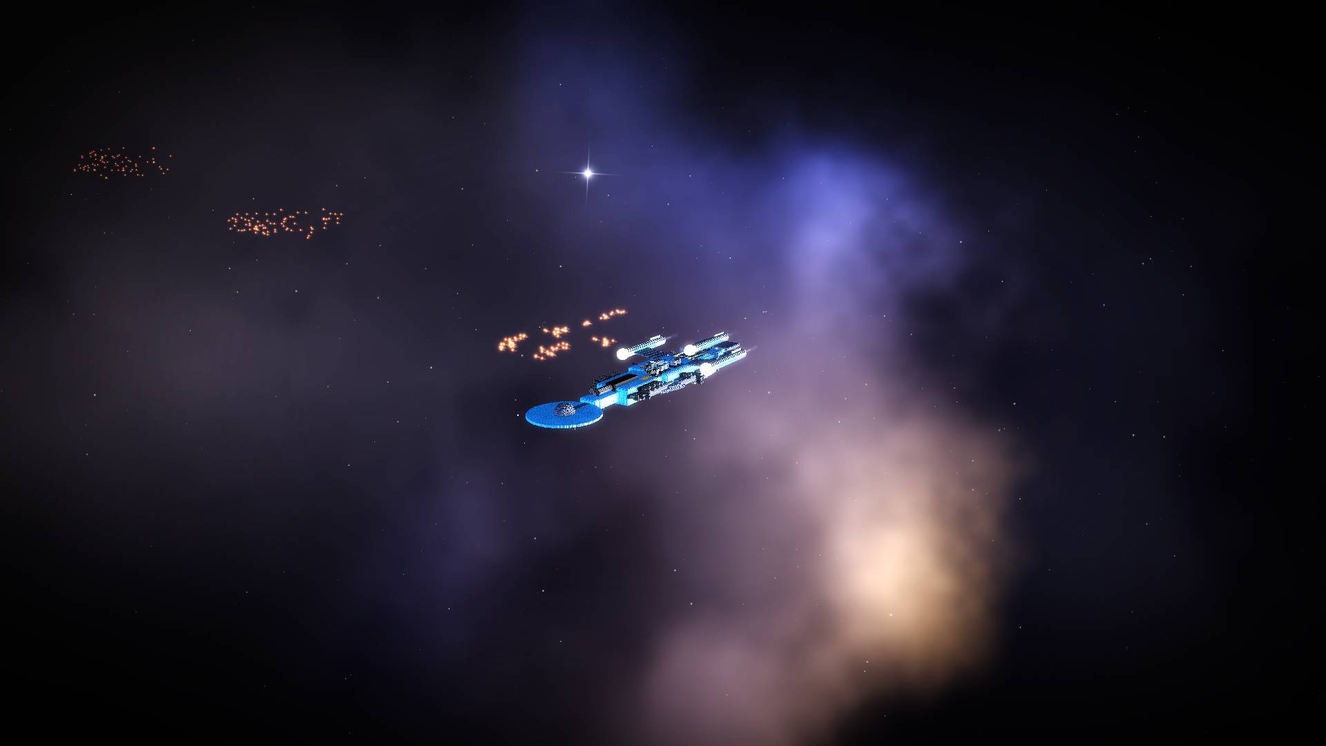 A blue-and-white capital patrol crosses Harbor Reach while distant traffic burns against the nebula.