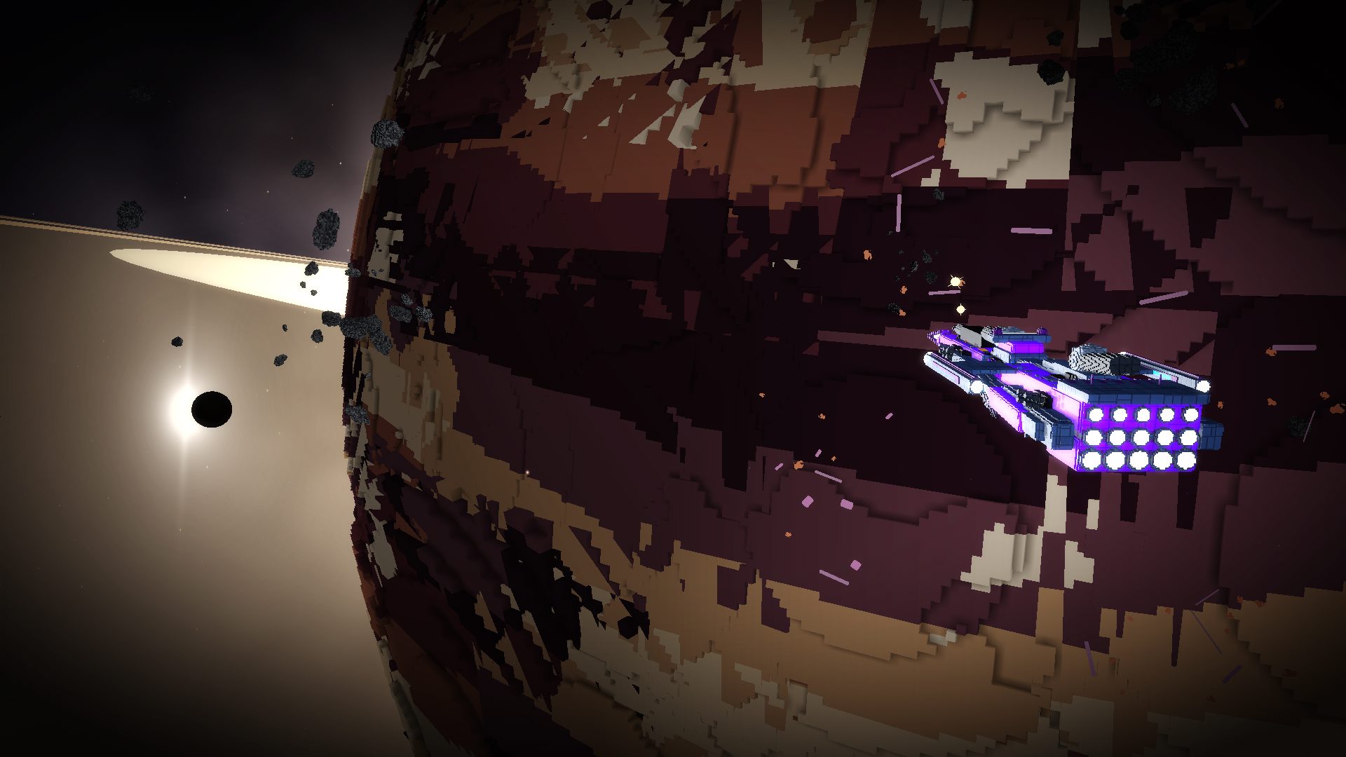 A close pass over an alien world under rolling weather.
