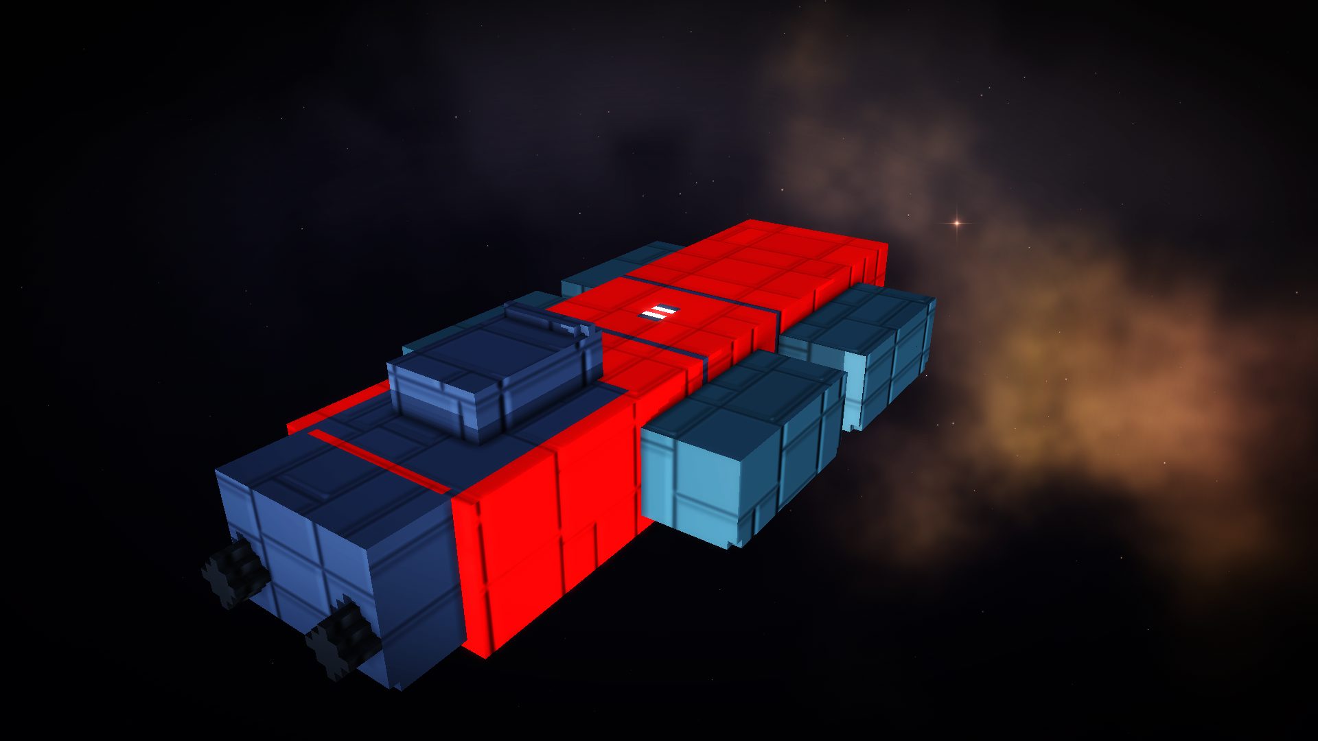 The compact red-and-blue Mule built around its cargo.