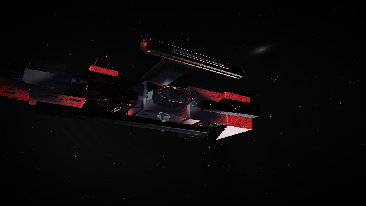 A capital ship seen at distance carrying several distinct glowing wounds across its flank.