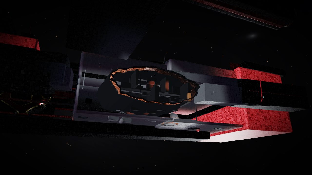 A massive jagged breach torn through a red-plated capital hull, its rim glowing molten orange, the ship's interior ribs and decks visible straight through the gash against deep space.